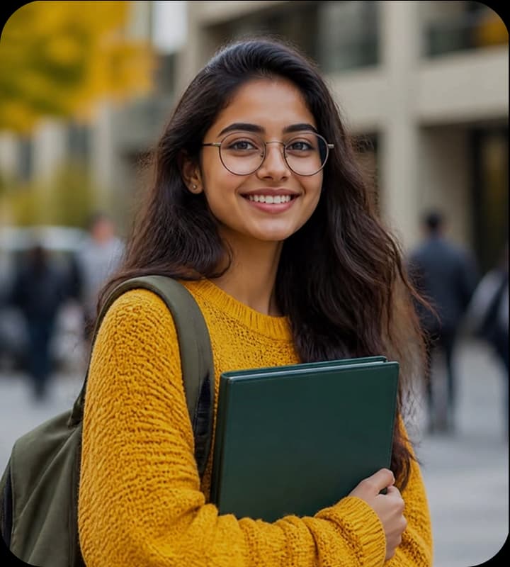 Student with yellow cardigan holding notebook
