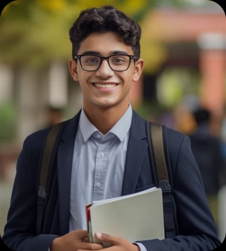 Student with glasses and blazer holding notes