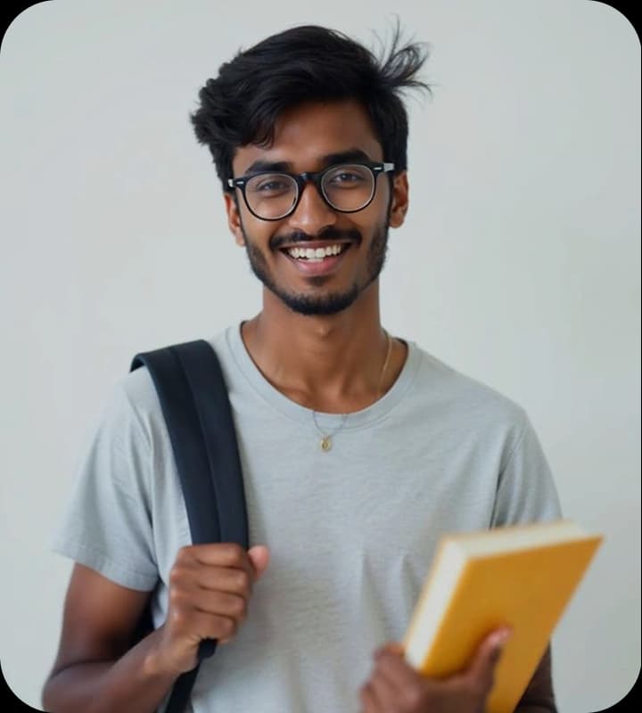 Student with glasses and smile holding notebook