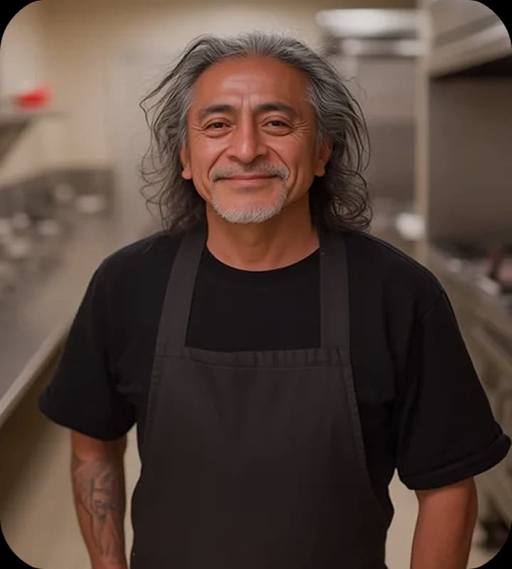Professional with grey hair and apron smiling